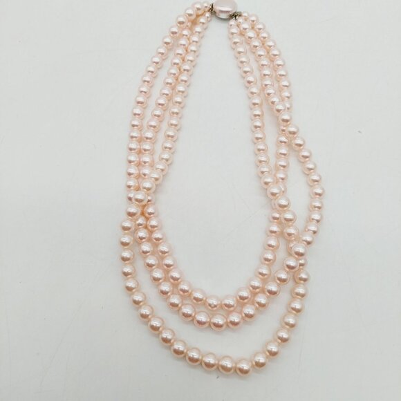 Vintage Faux Pink Pearl 3 Strand Choker Necklace 12”-14” Made In Japan - Picture 1 of 6